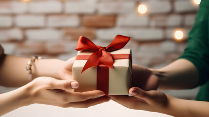 Close up hands exchanging a gift, white gift with red ribbon, offering a gift, pretty gift, offering a gift to someone, made with generative AI