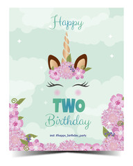 Two unicorn birthday card with unicorn and flowers. Ready to print. Vector Illustration