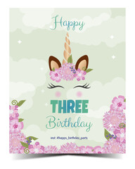 Three unicorn birthday card with unicorn and flowers. Ready to print. Vector Illustration