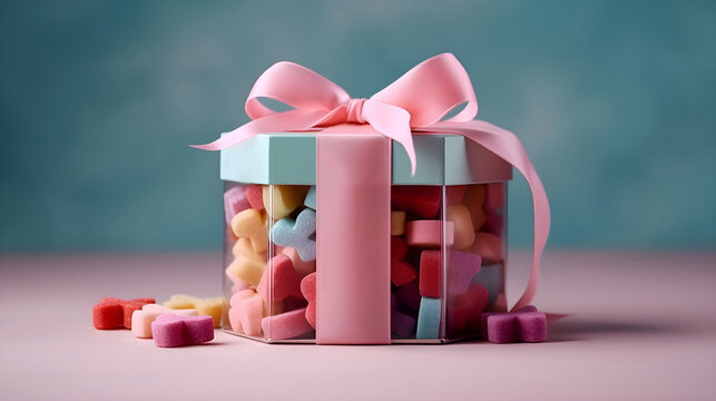 Pink and pale blue transparent gift box, filled with candy, pink ribbon, cute candy box, happy and pop colors , cute candy jar, beautiful gift, mother's day, modern, made with Generative AI