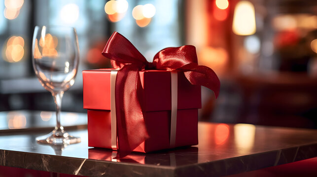 Red Gift box, classic style, in a restaurant bar background, warm lighting, class modern and elegant gift with red ribbon and a glass of wine, made with Generative AI