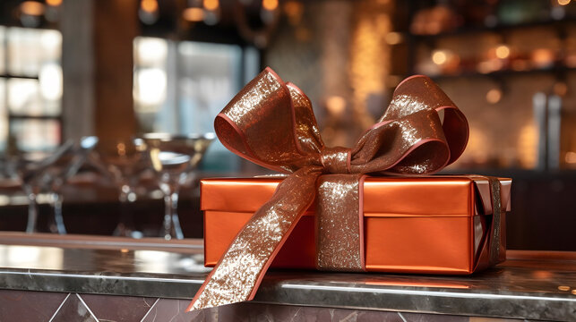 orange Gift box on a bar counter, classic style, in a restaurant bar background, warm lighting, class modern and elegant gift with brown ribbon, cinema, movie, made with Generative AI