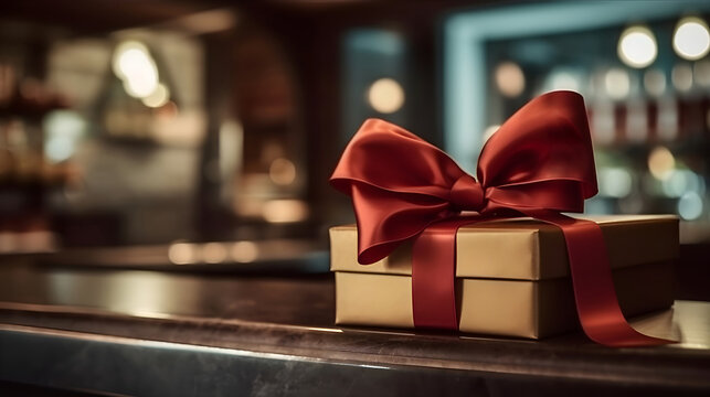 Gift box, classic style, in a restaurant bar background, warm lighting, class modern and elegant gift with red ribbon, cinema, movie, made with Generative AI