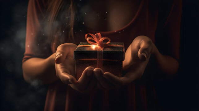 Woman giving away gift, grey and gold gift, golden ribbon gift, gift held in hands, warm lighting, night, offering something, birthday present, made with Generative AI