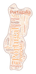 Portugal shape filled with country name in many languages. Portugal map in wordcloud style. Artistic vector illustration.
