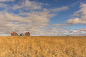 Foto op Plexiglas Abandoned farm buildings and grain silo under the cloudy sky in the prairie with a lone photogrpher © Kerry Snelson