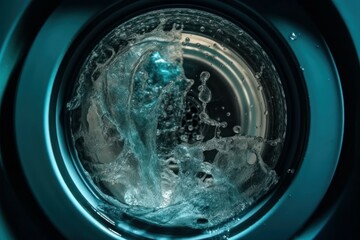 Washing machine drum with clean water flow and splashes. Laundry, washing powder concept. AI generated, human enhanced
