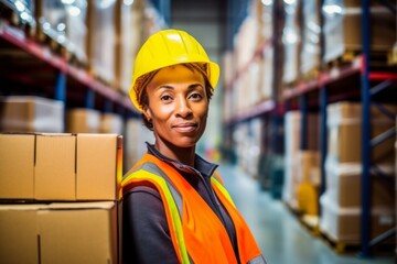 Woman storekeeper in a warehouse. Professional worker. AI generated, human enhanced