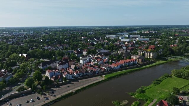 Drone shot of weser river in Minden town , a middle-sized town in the very north-east of North Rhine-Westphalia, Germany