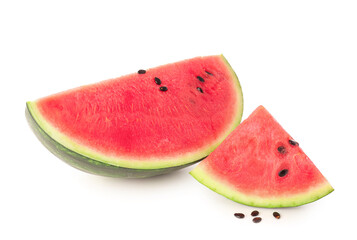 Pieces of fresh watermelon with seeds on white background