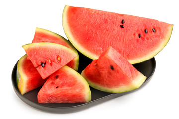 Plate with pieces of fresh watermelon on white background