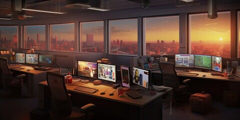 a 911 call center for first responders, fire, police, and medical personnel, in Emergency-themed, Horizontal format in JPG. Generative AI