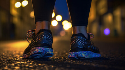 closeup photo similar of feet walking with shoes at a street in a city at night