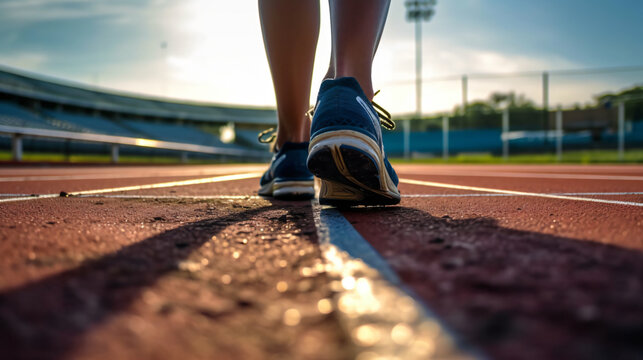 closeup photo similar of feet walking with running shoes at a track in a stadium