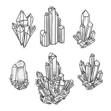 Set of geometric black outline crystals Vector illustration isolated on white background. Alternative medicine, magic, crystal healing, astrology