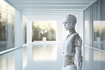 AI robot helper servant in luxury modern design home. Generative AI.