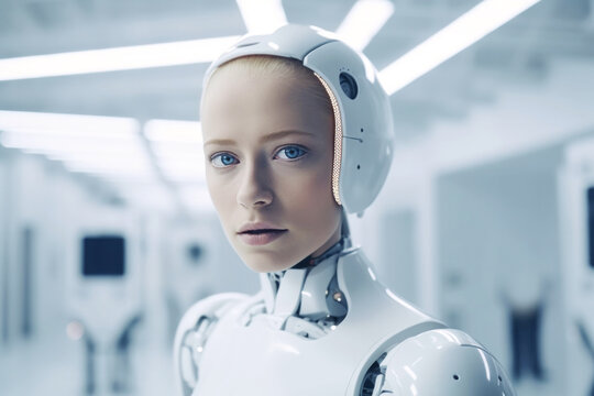 Portrait of half AI robot and humanoid in science lab.  Generative AI.