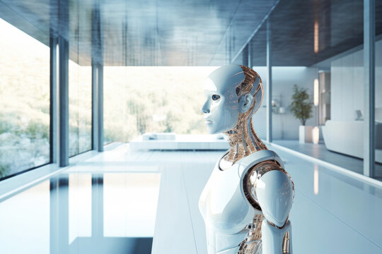 AI robot helper servant in luxury modern design home. Generative AI.