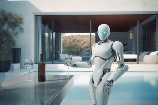 AI robot helper servant bartender at luxury modern design home by pool. Generative AI.