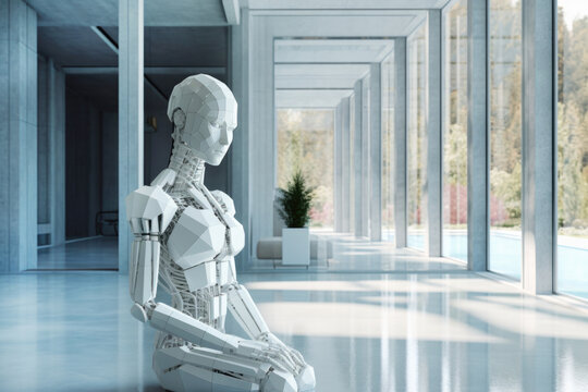AI robot helper servant waiting for instructions in luxury modern design home. Generative AI.