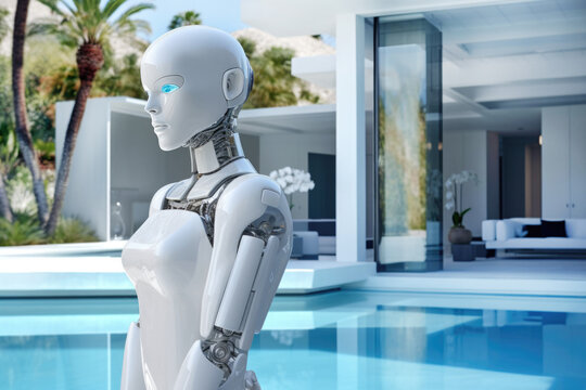 AI robot helper servant by pool in luxury modern design home. Generative AI.