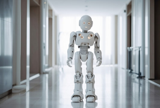 Friendly cute AI robot helper servant in hospital. Generative AI.