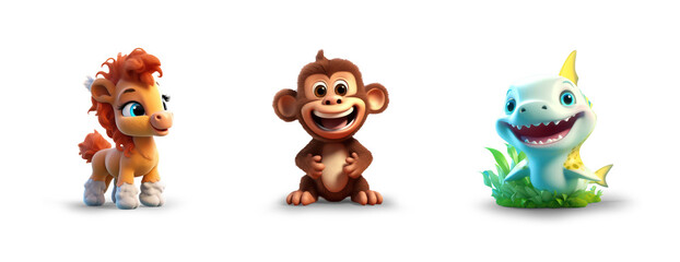 cutout set of 3 cartoon animal toys characters isolated on transparent png background - Generative AI