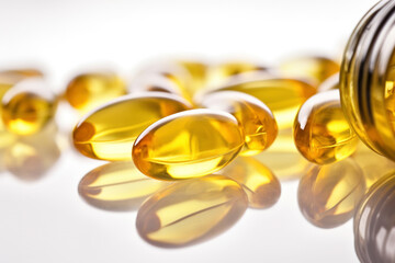 Fish oil omega-3 food supplement, close-up.