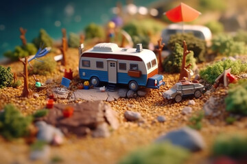 A miniature model of a camper and a car on a beach. Generative AI.
