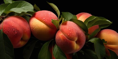 Delicious, Ripe peaches hanging on branches in Fruit-themed, horizontal format in JPG. Generative AI