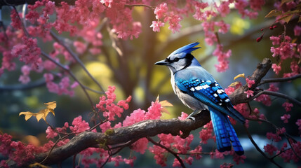 a blue jay drinking from water feeder hanging in a tree branch with rich colored pink flowers