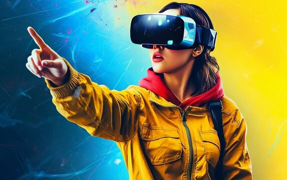 Young Woman Wearing Modern Virtual Reality VR Glasses, Pointing His Finger, Business Meeting Generative AI