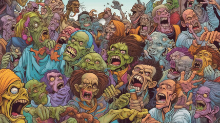 Crowd of colorful zombies, Scarry Halloween art wallpaper