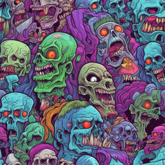 Crowd of colorful zombies in seamless pattern, Halloween Horror art