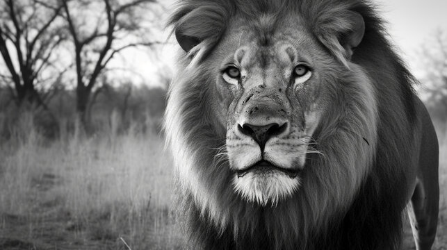 black and white photo of lion in africa