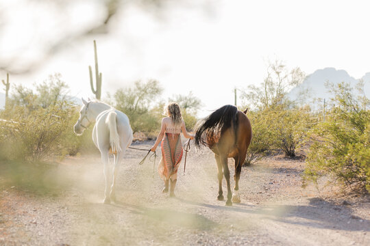 cowgirl walking into the sunset with her horses in the Arizona desert