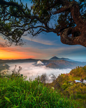 View of the sunrise on Bromo Mountain