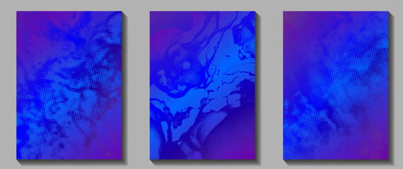 Halftone set vector art background for cover design, poster, cover, banner, flyer and cards. Neon colored abstract design with blue and purple dots. Futuristic retro illustration.