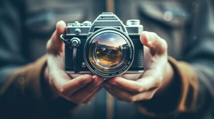 World Photographer's Day. the camera is in the hands of a person. Greeting cards for holiday photos. World Camera Day. generative ai