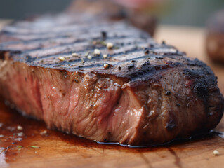 Close-up shot of a perfectly grilled steak with grill marks.