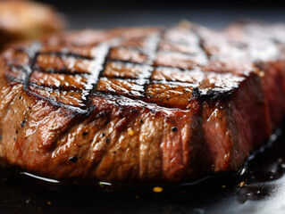Close-up shot of a perfectly grilled steak with grill marks.