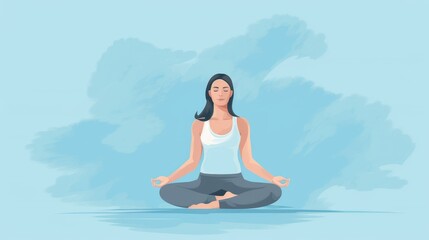 A woman meditates in nature and goes into a trance. Conceptual illustration for yoga, meditation, relaxation, healthy lifestyle. illustration in a flat style. Generative AI.
