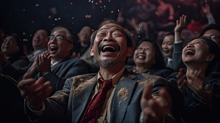 Szczęśliwi azjaci w podeszłym wieku siedzą w obiekcie kultury, opera, kino, teatr - obrazy, fototapety, plakaty