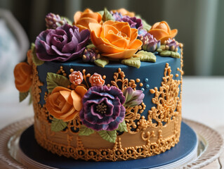 Obraz na płótnie Canvas A beautifully decorated cake with intricate designs and frosting flowers.
