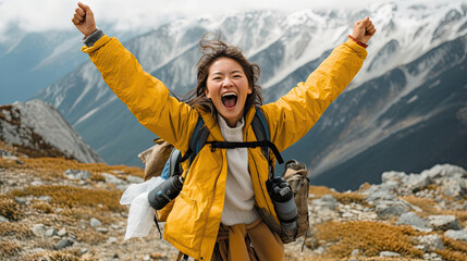 Kobieta krzyczy ze szczęścia po zdobyci szczytu góry, na który weszła