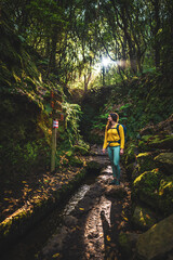 Tourist woman reading a trail signage in front of a tunnel along an overgrown jungle trail next to a canal in Madeira rainforest. Levada of Caldeirão Verde, Madeira Island, Portugal, Europe.