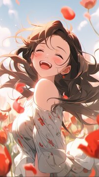 anime girl wearing a rural dress and smiling with her eyes closed