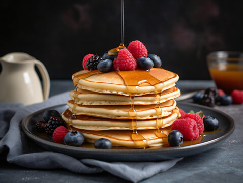 A stack of fluffy pancakes drizzled with maple syrup and topped with fresh berries.