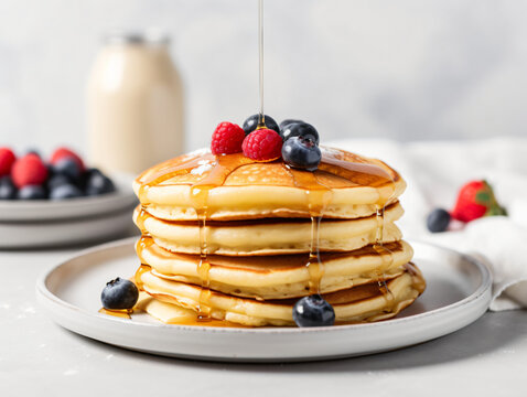 A stack of fluffy pancakes drizzled with maple syrup and topped with fresh berries.