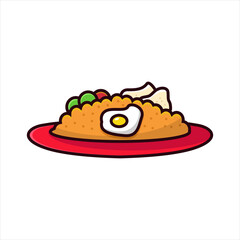 Cartoon illustration of fried rice with egg and vegetable isolated on white background.